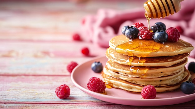 Delicious Honey Pouring on Colorful Cereal Pancakes with Fresh Berries on Pink Background