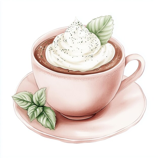 Photo delicious hot chocolate topped with whipped cream and mint leaves served in a pink cup