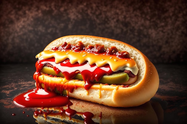 a delicious hot dog complete with sauce and on a dark background