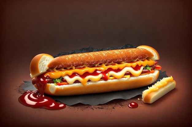 a delicious hot dog complete with sauce and on a dark background