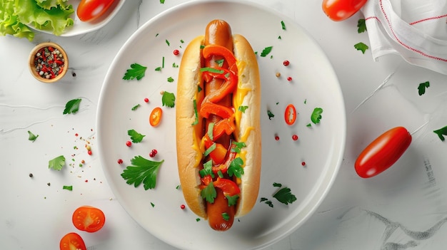 Photo delicious hot dog garnished with fresh vegetables on white plate