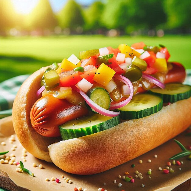 Photo a delicious hot dog topped with colorful fresh vegetables on a sunny day outdoors in a park setting