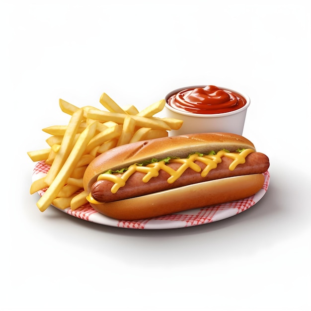 Delicious hot dog with ketchup and mustard French fries isolated on white background