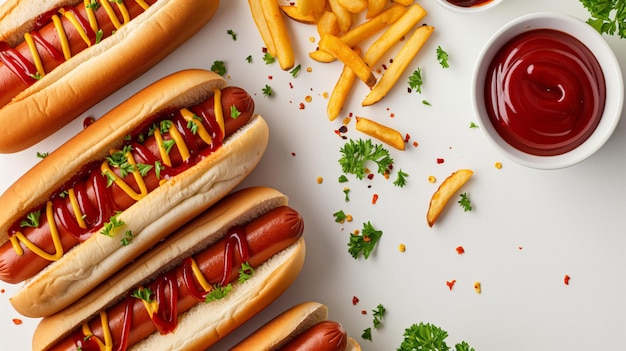 Delicious Hot Dogs with Mustard and Ketchup Served with French Fries on White Background