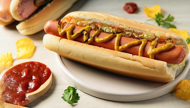 Delicious hot dogs with mustard and onion