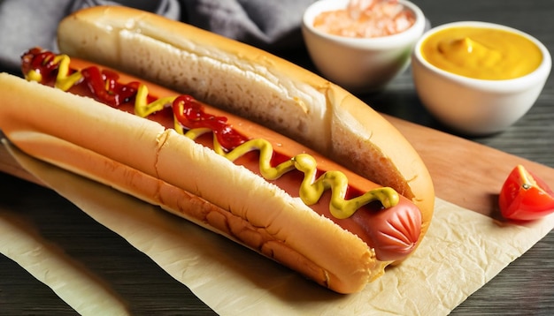 Delicious hot dogs with mustard and onion