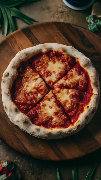 Delicious hot pizza piece on wooden tray with melting cheese