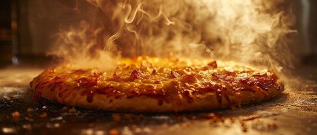 Photo a delicious hot pizza straight from the oven with melted cheese and a golden crust emanating steam in a warm and inviting atmosphere