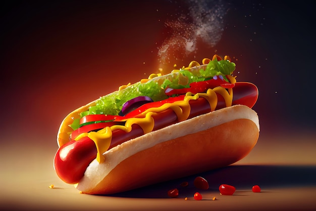 Delicious hotdog with dripping cheese mustar onion smoke barbecue grilled restaurant