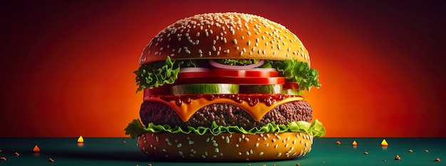 Delicious huge burger on display with a vivid color backdrop AIGenerated