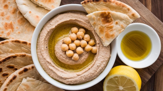 Delicious hummus with chickpeas olive oil lemon and pita bread vegetarian food concept