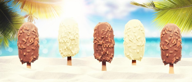 Delicious ice cream on the beach Healthy summer food concept