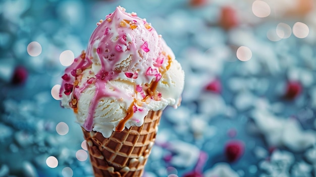 Delicious Ice Cream Cone with Pink Sprinkles on Waffle