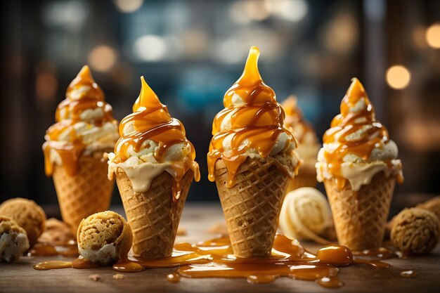 Delicious ice cream cones with caramel topping