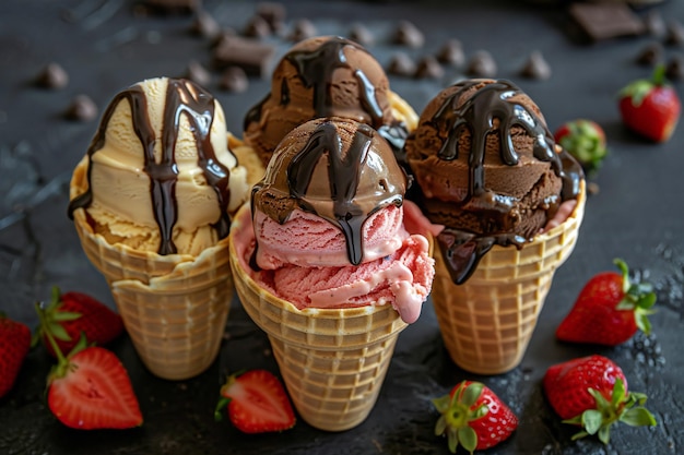 Delicious Ice Cream Cones with Fresh Berries Banana Slices Chocolate Sauce and Caramel Drizzle