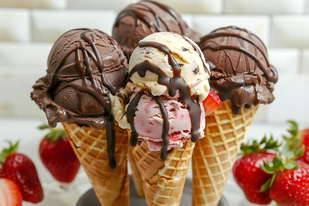 Delicious Ice Cream Cones with Fresh Berries Banana Slices Chocolate Sauce and Caramel Drizzle