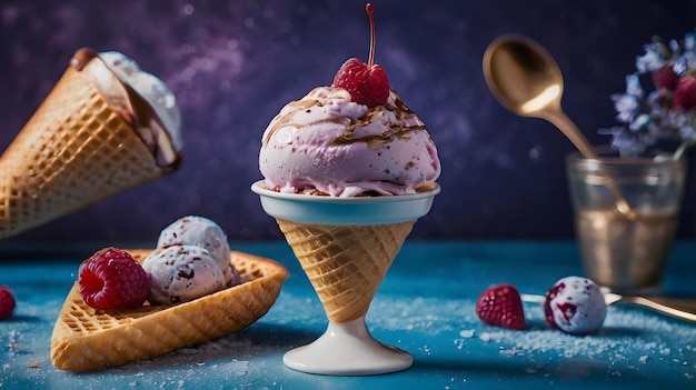 Delicious Ice Cream Cones with Raspberry Garnish