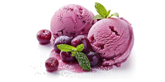 Delicious ice cream dessert with fresh cherries and mint leaves Perfect for summer menus and food blogs