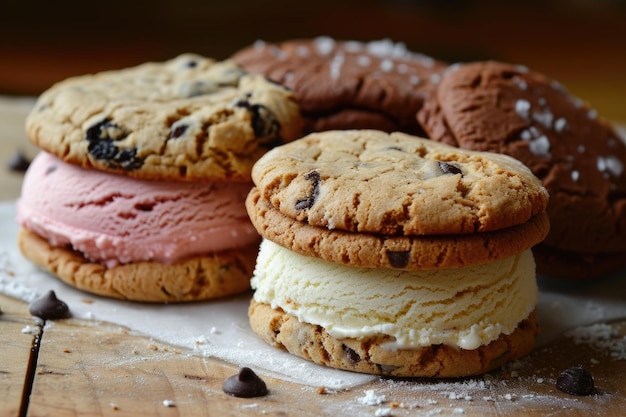 Delicious ice cream sandwiches made with chocolate chip cookies and various flavors of ice cream displayed on a white plate