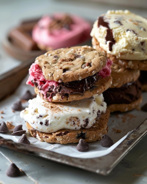 Delicious ice cream sandwiches made with chocolate chip cookies and various flavors of ice cream displayed on a white plate