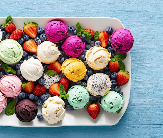 delicious ice cream scoops with fresh berries on grey background