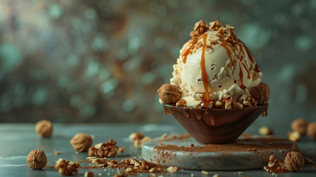 Delicious Ice Cream Sundae with Nuts and Caramel Drizzle