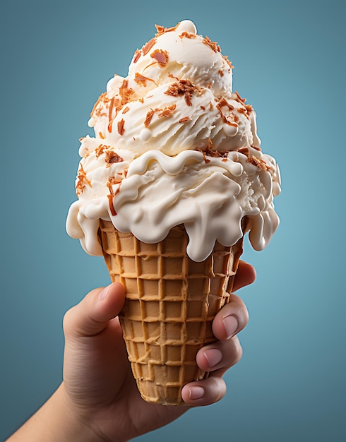 Delicious Ice cream in waffle cone in female hand