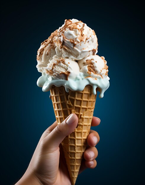 A delicious Ice cream in waffle cone hold a female hand