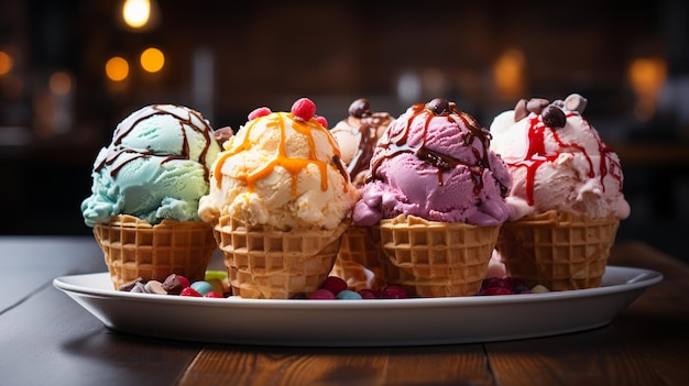 delicious ice cream with different toppings on table