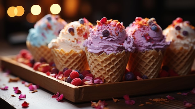 delicious ice cream with different toppings on table