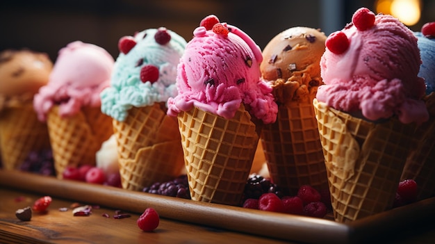 delicious ice cream with different toppings on table