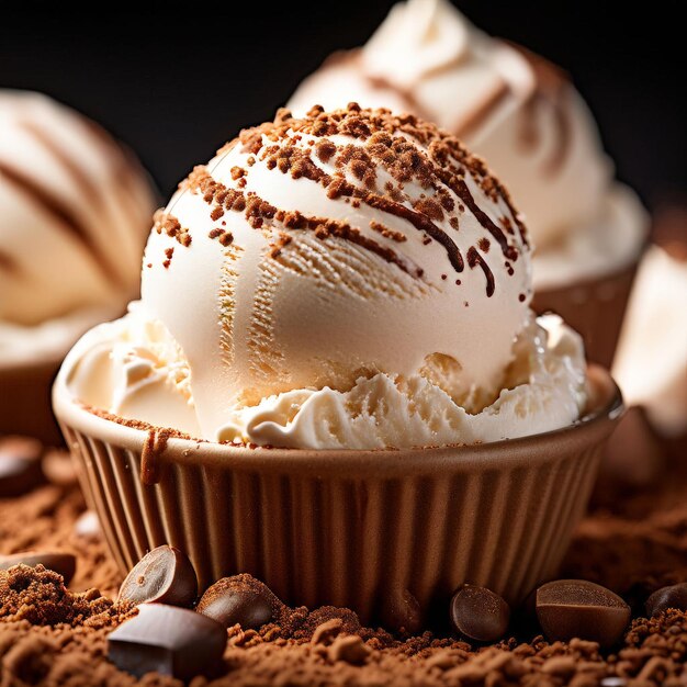 Delicious ice cream with whipped cream and cocoa powder on black background AI generated