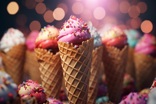 Delicious ice creams in waffle cones on table closeup background