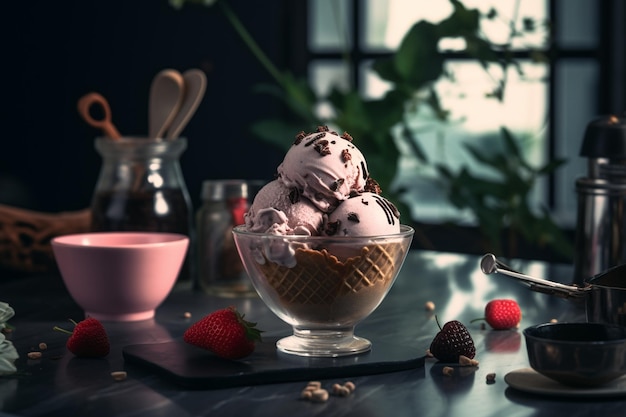 A delicious icecream photography with kitchen background