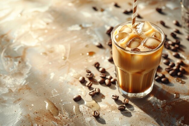 Delicious iced coffee and beans on table