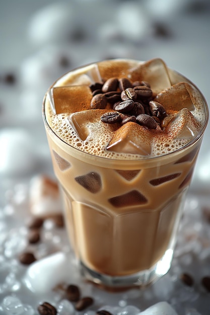 A delicious iced coffee topped with cream and coffee beans surrounded by ice cubes on a reflective surface perfect for gourmet beverage advertisements for cafe and coffee shops Copy space