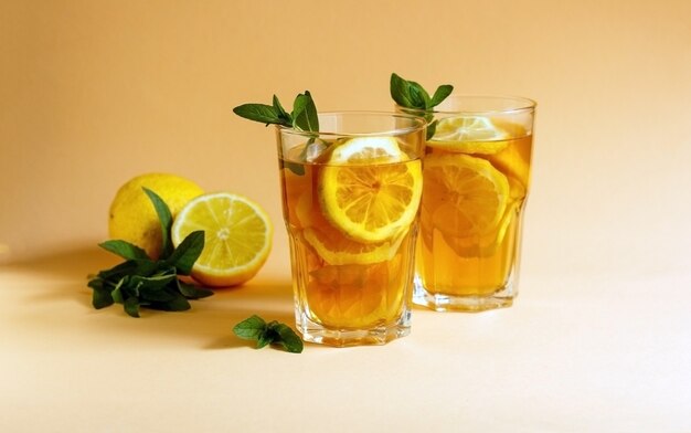 Delicious iced tea with lemon and mint in a glasses