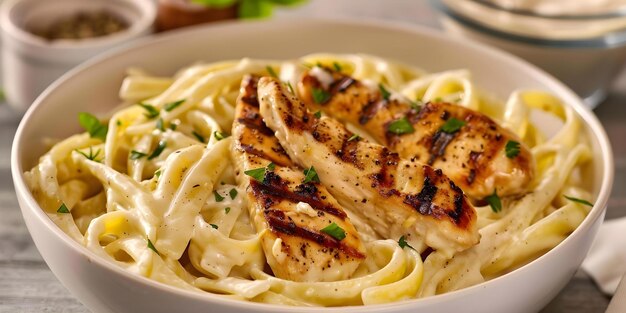 Delicious image of creamy chicken alfredo pasta with grilled chicken strips Concept Food Photography Creamy Pasta Chicken Alfredo Grilled Chicken Strips Delicious Meal