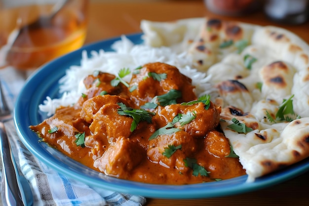 Delicious Indian Curry with Rice and Naan Bread