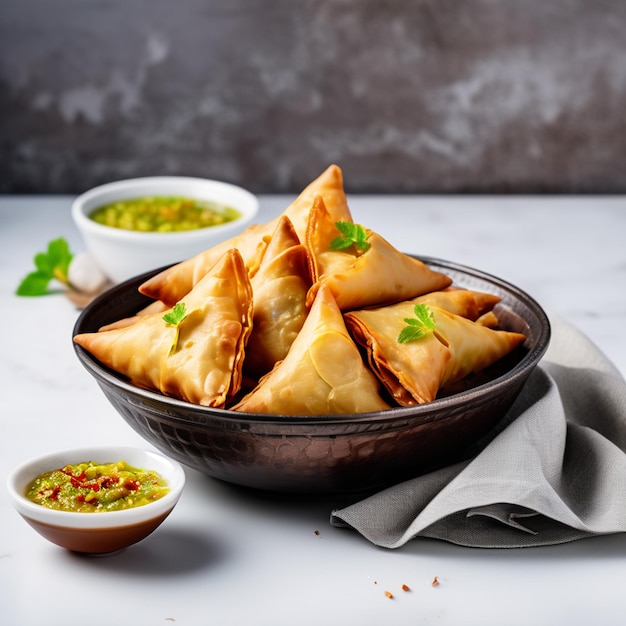 Delicious Indian Samosas with Chutney in a Bowl on White Background