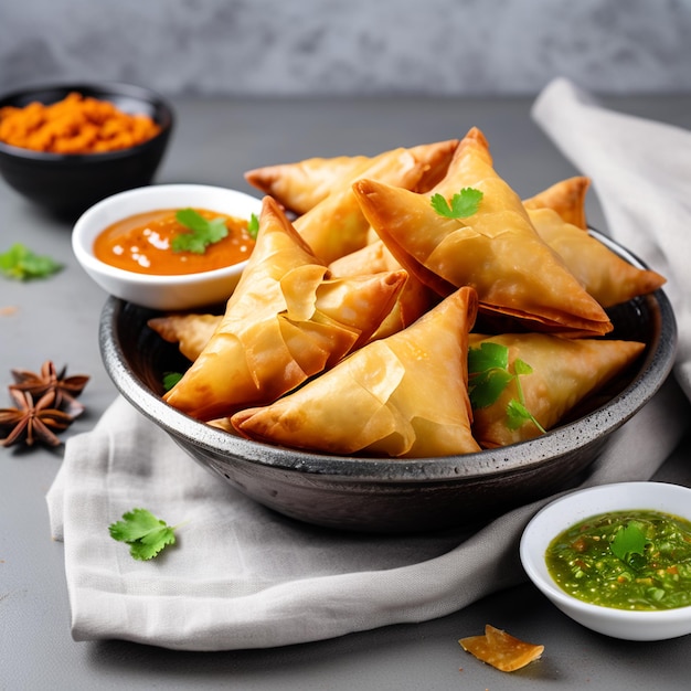 Photo delicious indian samosas with chutney in a bowl on white background