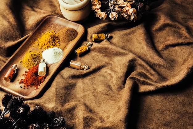 Delicious indian spices on cloth