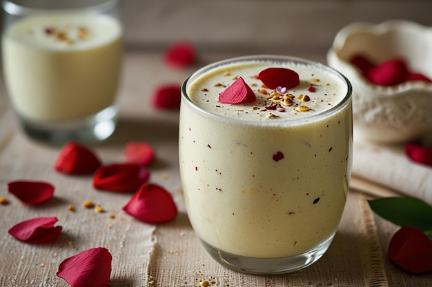 Delicious Indian Sweet Lassi with Rose Petals