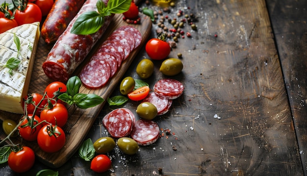 Delicious Italian Delights Assorted Salami Speck Sausages Parmesan Cheese Green Olives And Tomatoes