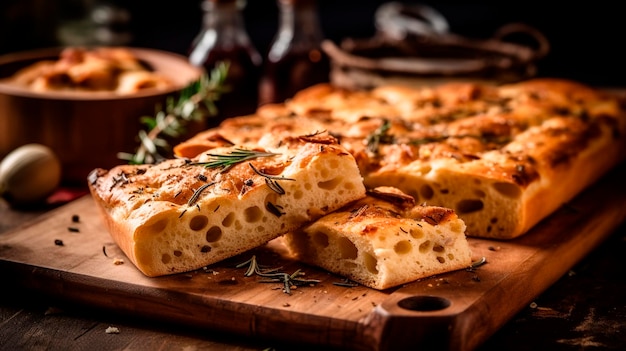 Delicious italian focaccia bread on a wooden cutting board Generative Ai