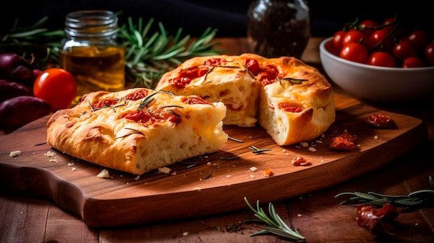 Delicious italian focaccia bread on a wooden cutting board Generative Ai