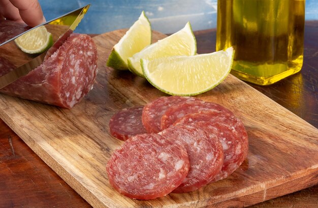 Delicious Italian salami with pieces of lemon Selective focus