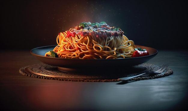 Delicious Italian Spaghetti served on a dark plate perfect for a cozy dinner