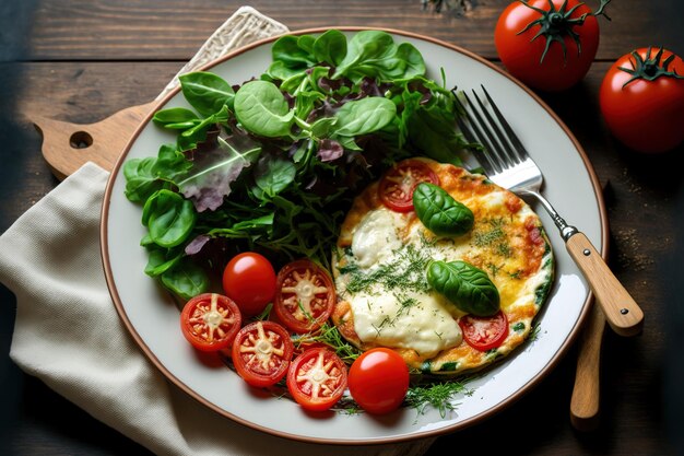 Delicious Italian style vegetarian breakfast featuring fried eggs an omelete or a frittata with tomatoes arugula and mozzarella