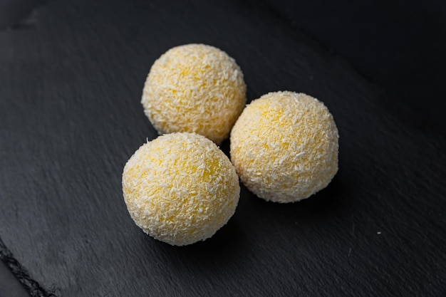 delicious Japanese dessert mochi on a black background